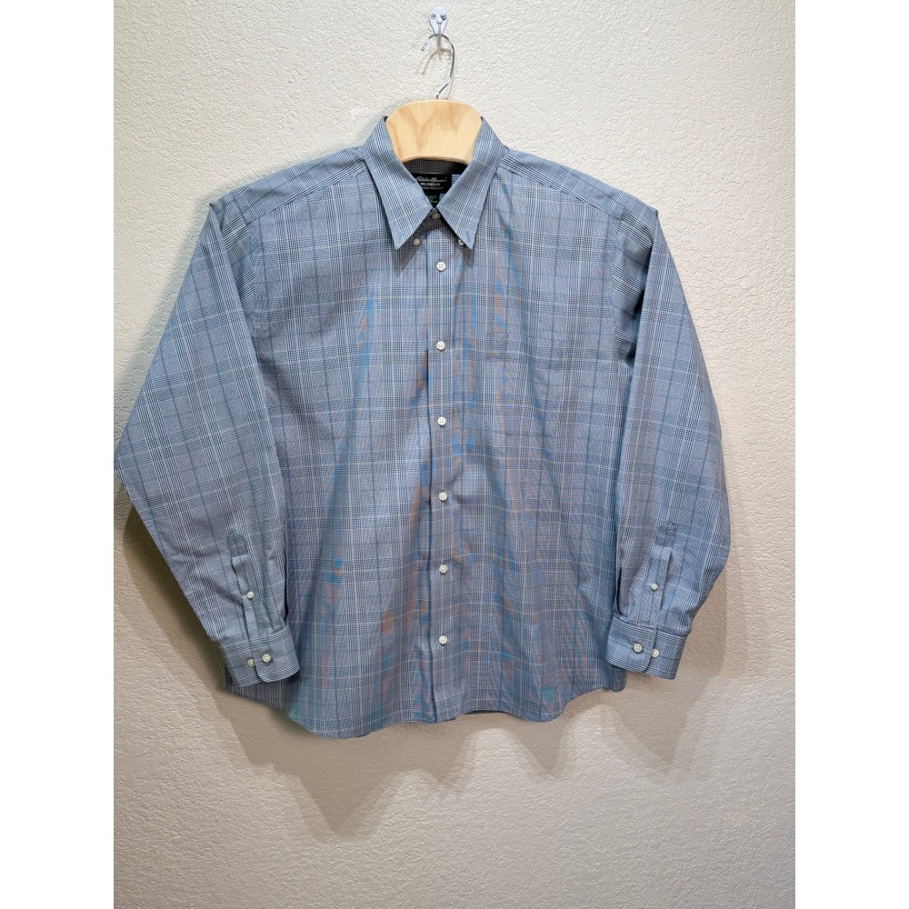 Eddie Bauer Mens XL Relaxed Fit Wrinkle Resistant Plaid Button Down Shirt Blue